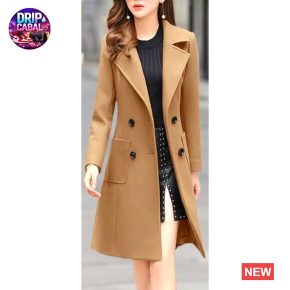 Wool Blend Pea Coat Double Breasted Notched Lapel Elegant Classic Winter - Picture 2 of 3